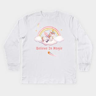 Believe In Magic Cute Unicorn With Rainbow, Clouds, And Stars Kids Long Sleeve T-Shirt